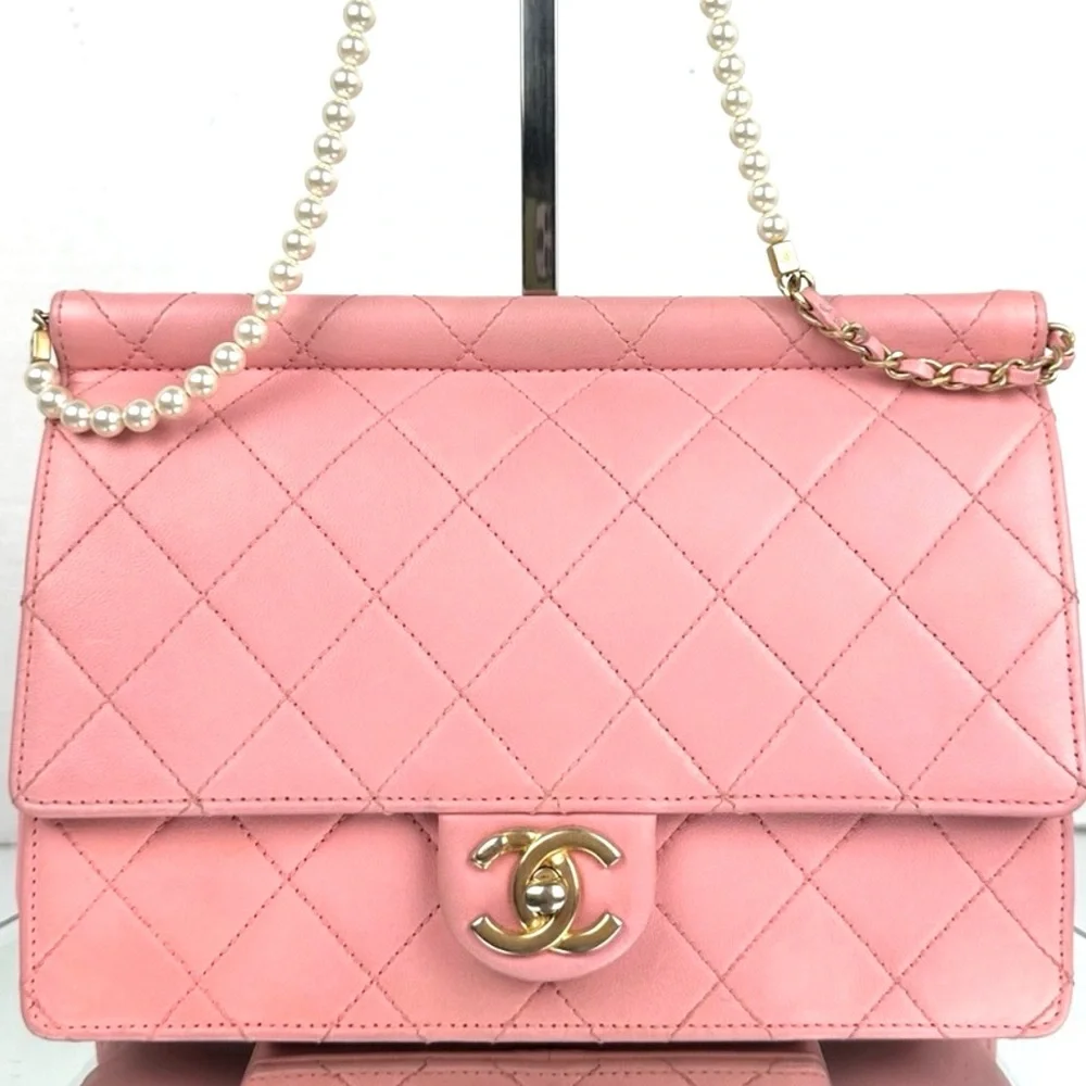 CHANEL Pink Quilted Lambskin Flap Bag with Pearl-Accented Chain